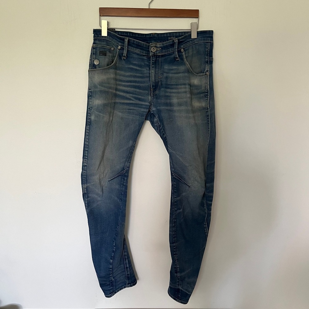 G-Star RAW Arc 3d slim Jeans Medium Blue Distressed Whiskered Mens 34x32